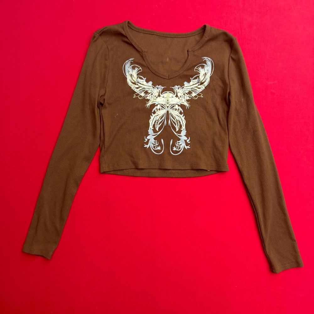 Y2K STYLE CUTE cropped Brown Ribbed Long Sleeve Graphic Crop Top Notched Neck